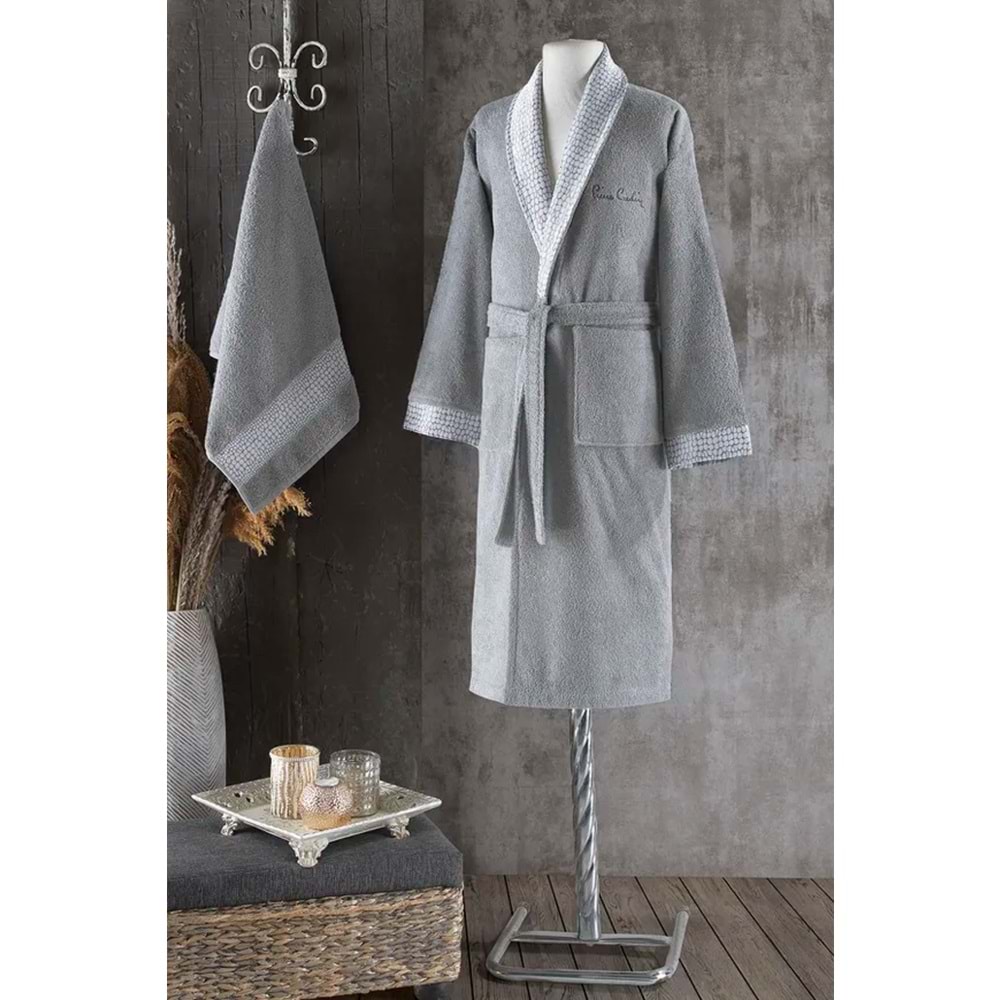 Pierre Cardin Stone Jakarlı Erkek Bornoz Seti Gri