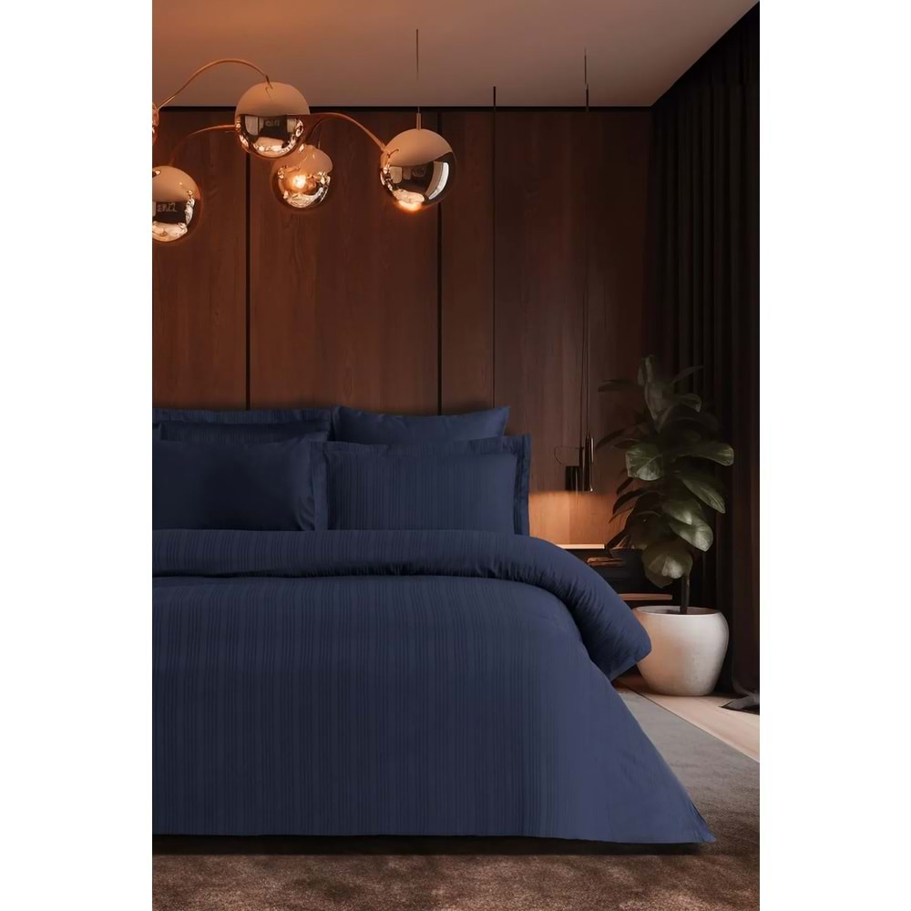 Pierre Cardin Çizgili Saten Nevresim Takımı Çift Kişilik Voyage İndigo
