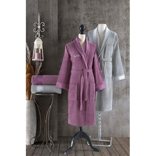 Pierre Cardin Damask Jakarlı Kadın Bornoz Seti Mürdüm